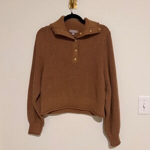 J.Crew Ribbed Half-Button Sweater Camel Brown Gold Crest Buttons Size M